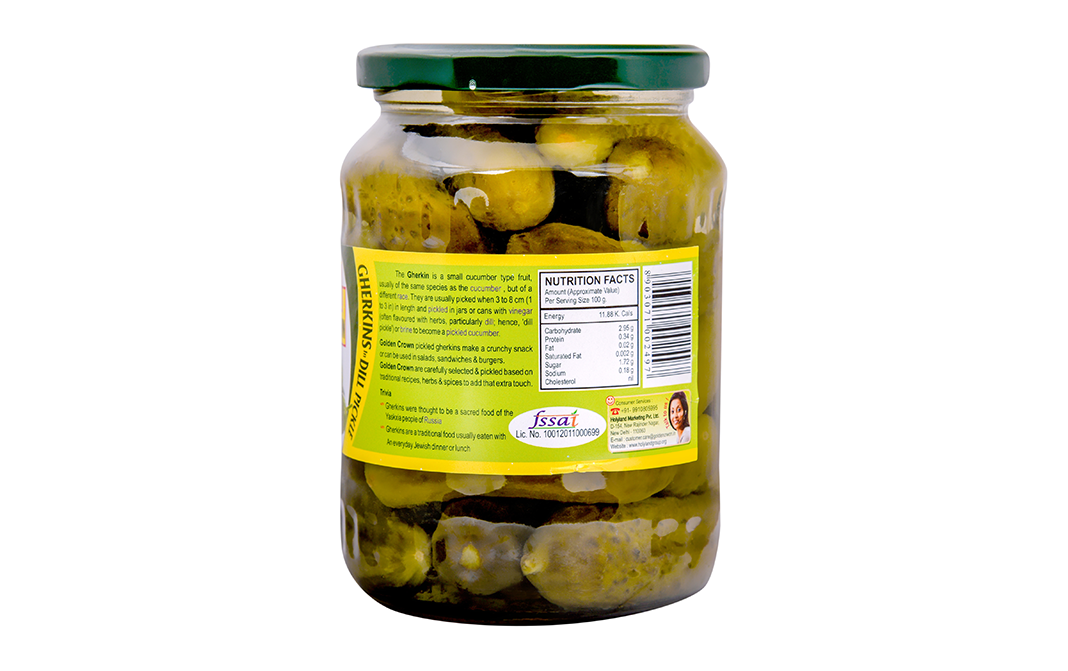 Golden Crown Gherkins in Dill Pickle    Glass Jar  670 grams